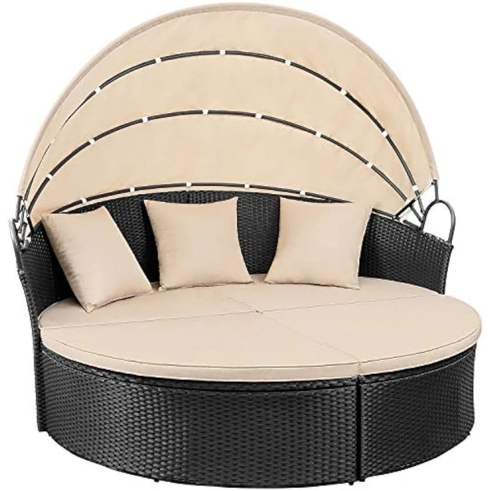 “Stylish patio daybed with retractable canopy. Durable wicker rattan, flexible seating. Ideal for outdoor comfort.