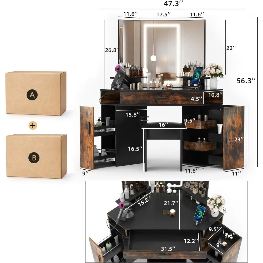 SMOOL 47" L Vanity with Lighted Mirror - Makeup Vanity Desk with Power Outlet and 3 Color Lighting Options, Brightness