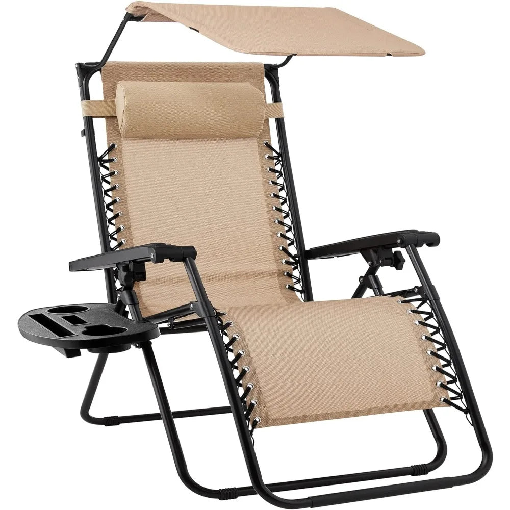 Folding Beach Chair, Adjustable Canopy Shade and Headrest and Side Accessory Tray, All Weather Outdoor Lounge Chairs.