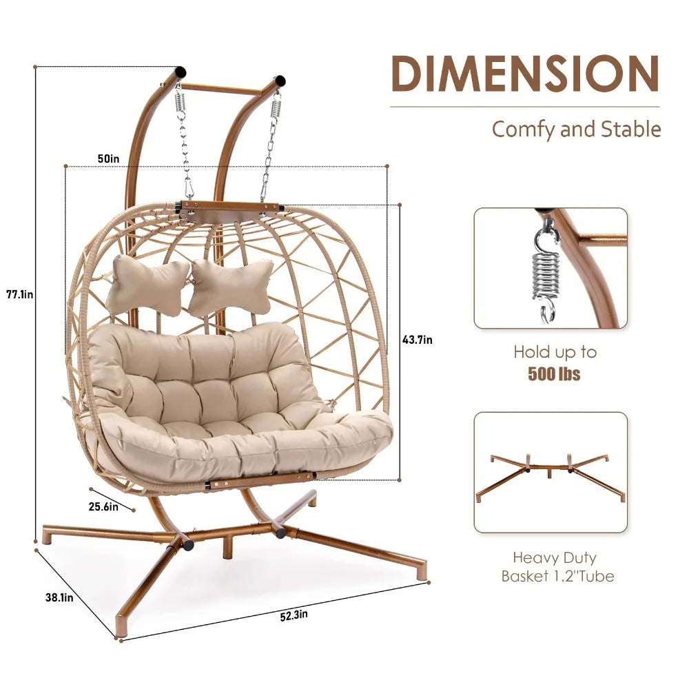 2 Person Wicker Swing Double Egg Chair with Stand, Rattan Wicker Hanging Egg Chair Hammock Chair with Cushion and Pillow