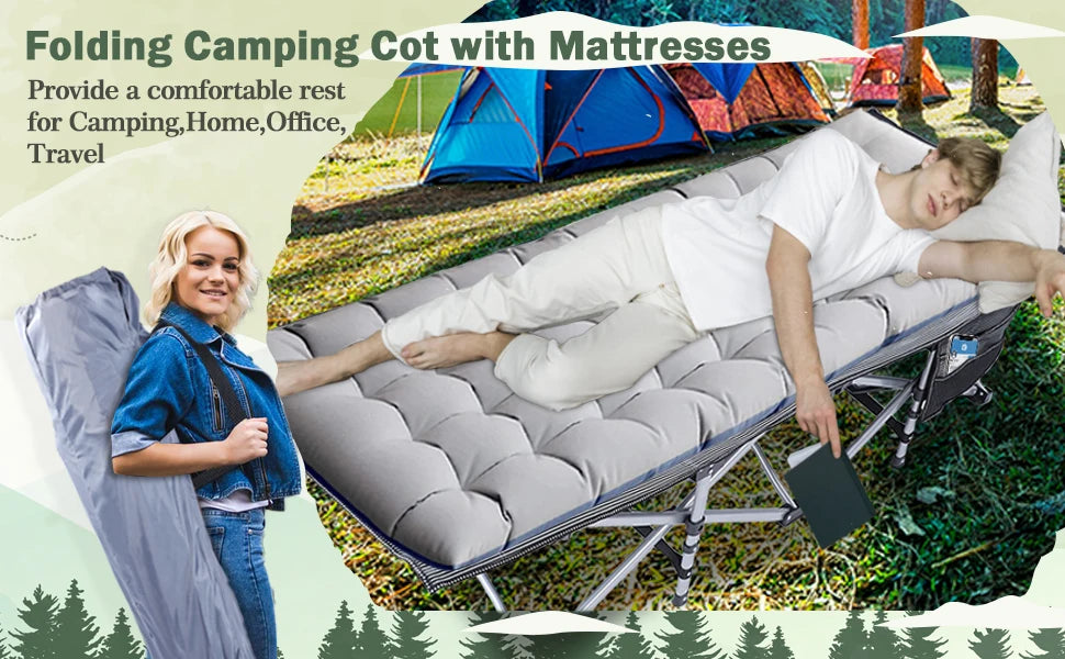 Camping Cot,Flat Sleeping Cot for Adults with Mattress,Portable Foldable Camp Cot for Office,Home Nap,Outdoor Travel