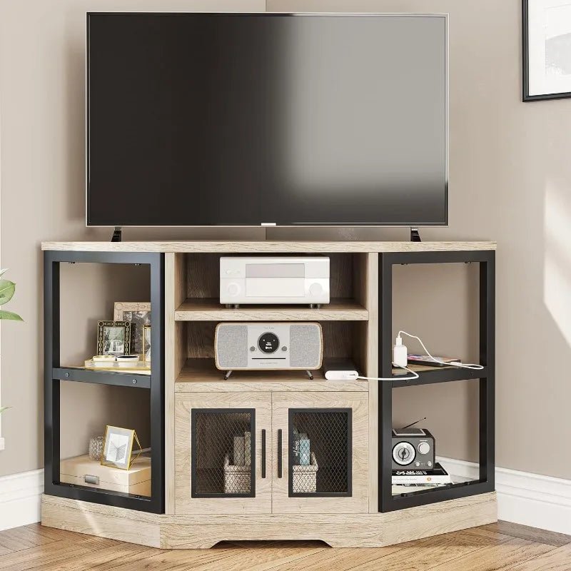 50 Inches Corner TV Stand w/Power Outlet, Entertainment Center TV Media Console Table with 6 Open Storage Shelve for