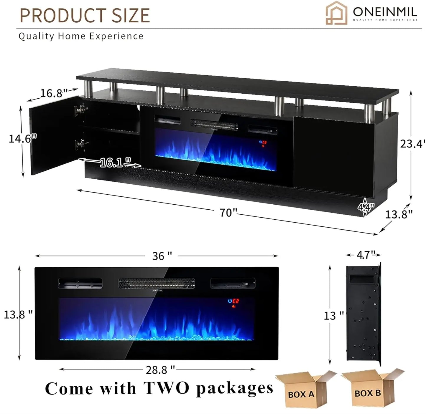 LED Light Entertainment Center,2 Tier TV Console Stand for TVs Up to 80",Fireplace for The Living Room TV Stand,Black