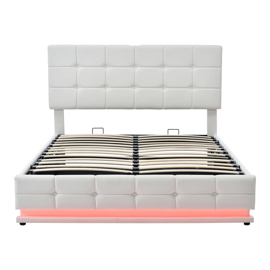 3-Pieces Bedroom Sets,Queen Size Upholstered Bed with LED Lights,Hydraulic Storage System and USB Charging Station, Two Nightsta