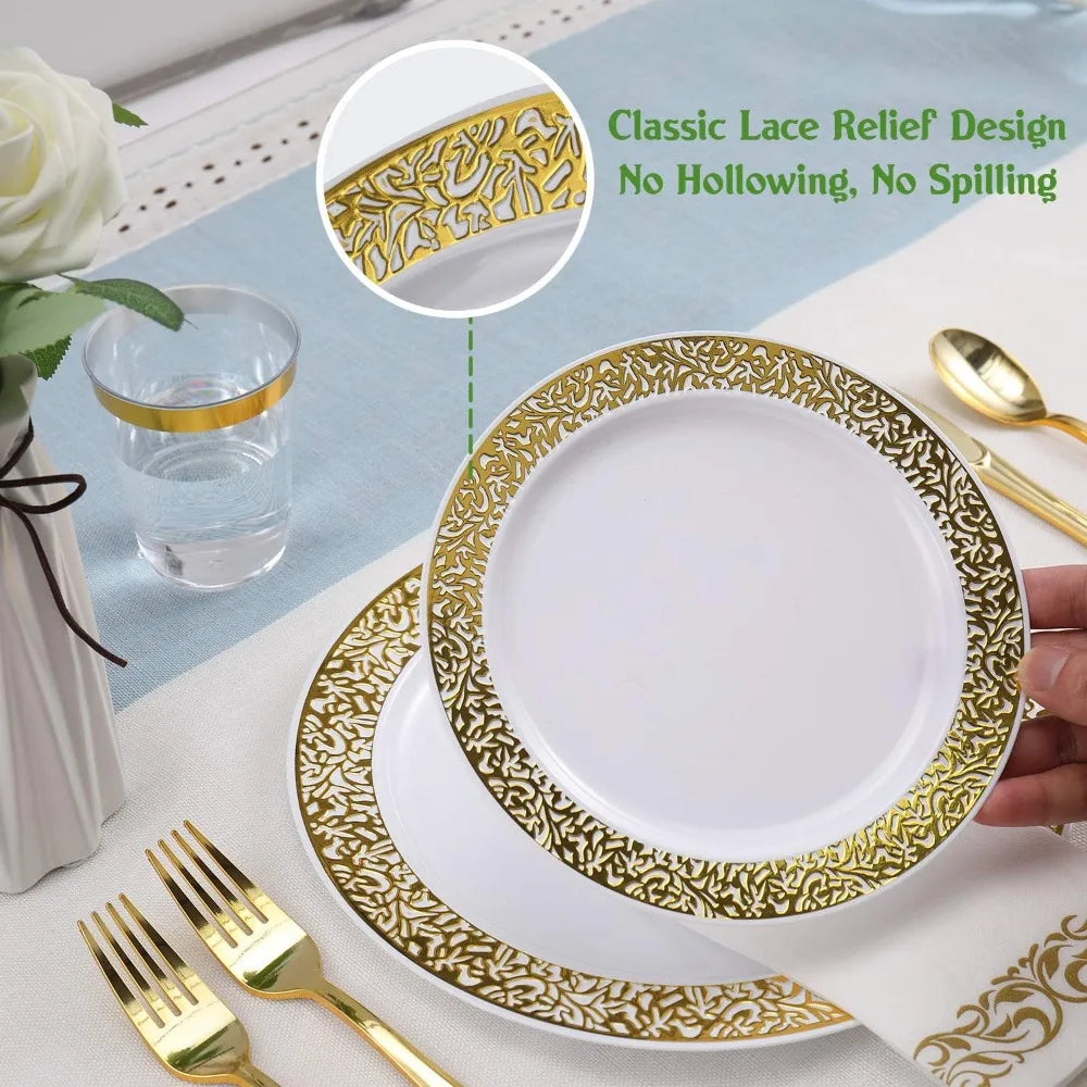 350pcs Gold Disposable Dinnerware Set  Dinner Plates, Dessert Plates, Cups, Napkins, Silverware Set