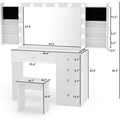 SMOOL Makeup Vanity Desk with Lighted Mirror & Power Outlet 5 Drawers, Table 3 Lighting Modes Brightness Adjustable