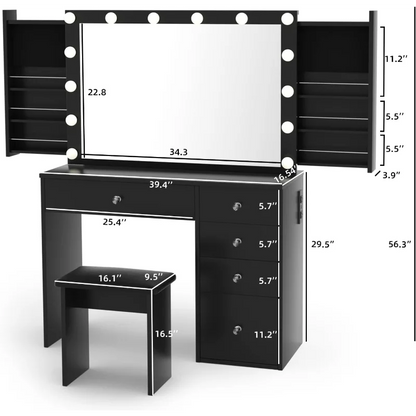 SMOOL Makeup Vanity Desk with Lighted Mirror & Power Outlet 5 Drawers, Table 3 Lighting , Black Set for Bedroom 39.4''