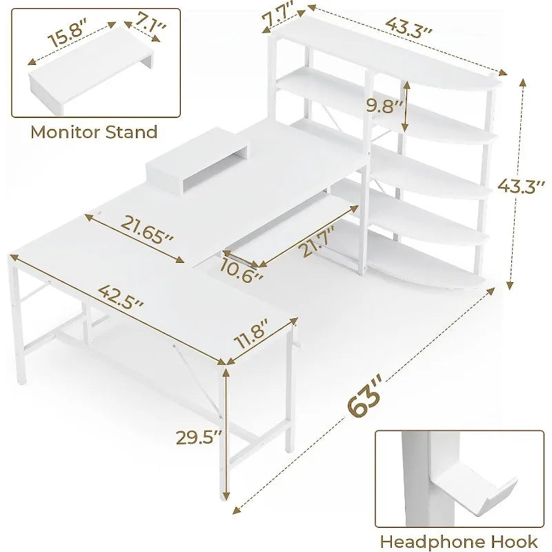 L Shaped Computer Desk, 63'' Desk with Storage Shelves, Keyboard Tray, Monitor Stand and Headphone Hook, Corner Gaming Desk