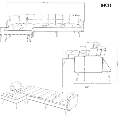 Velvet convertible sofa bed, double-sided chaise longue for living room furniture set, modular L-shaped corner sofa