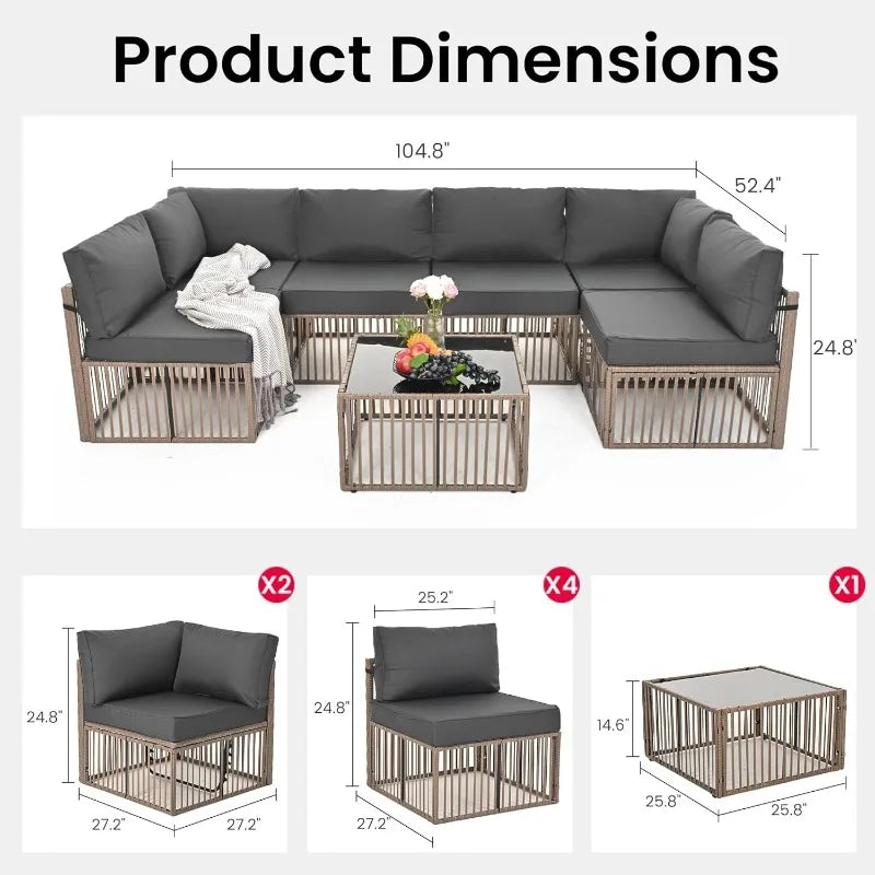 7 Pieces Outdoor Sectional Set, All-Weather PE Rattan Patio Conversation Set, Wicker Adjustable Patio Furniture Set