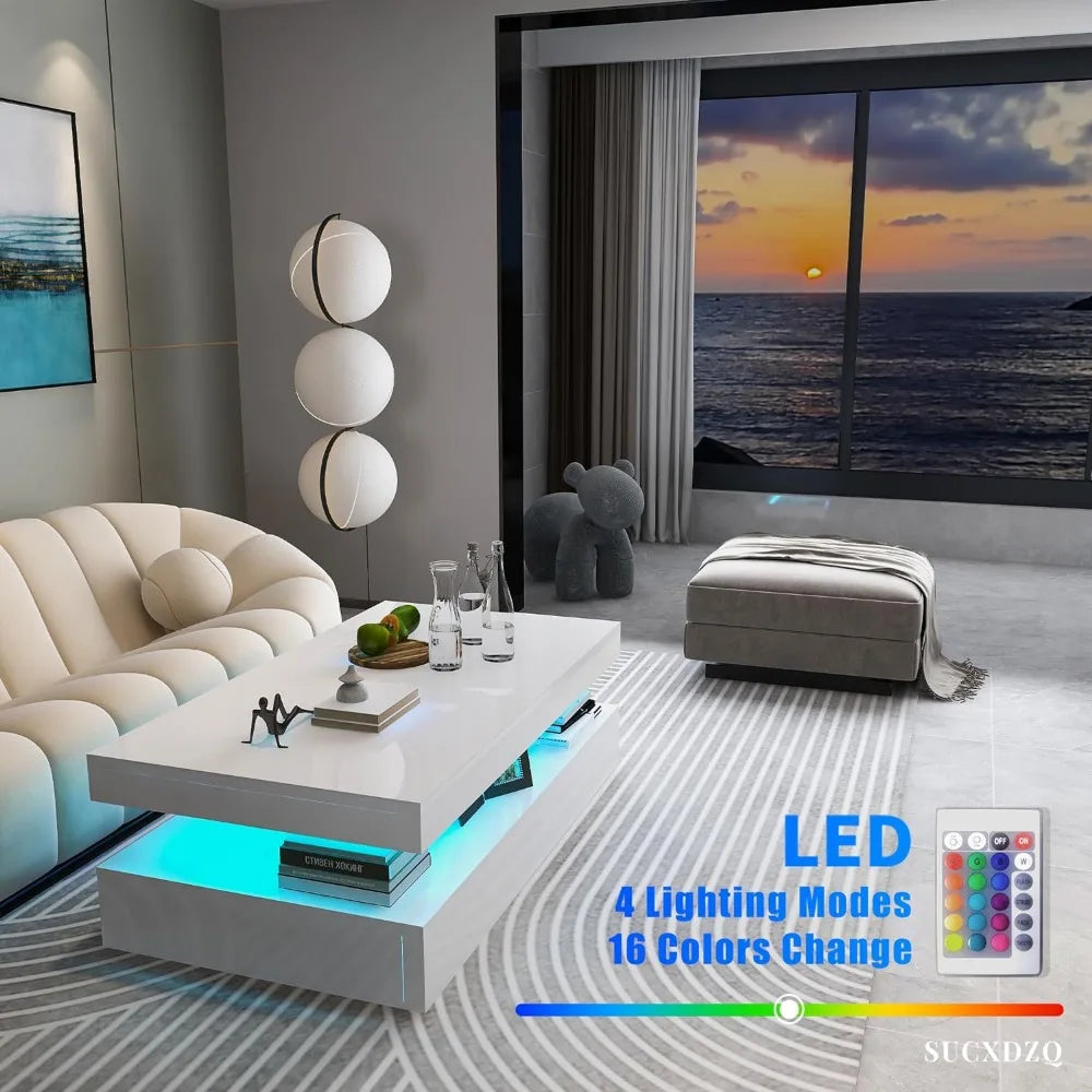 White High Gloss Coffee Table Center Tables for Living Room Chairs High Gloss Modern Coffee Table With RGB LED Light Furniture Dining Salon