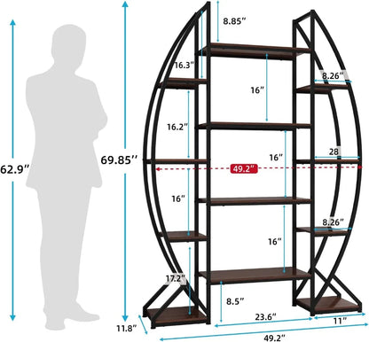 Oval Bookshelf 5 Tier Industrial Bookcases, Free Standing Tall Bookshelves Storage for Books, Farmhouse Wood and Metal Display