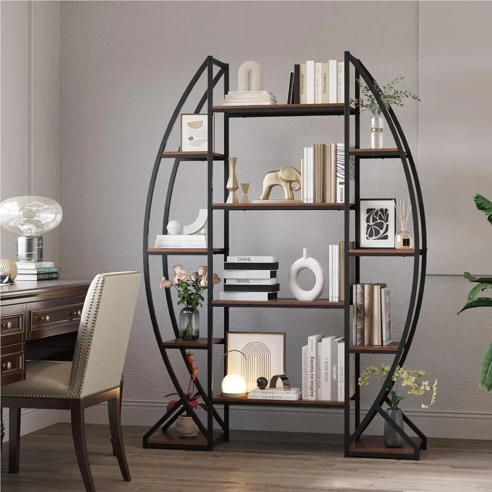 Oval Bookshelf 5 Tier Industrial Bookcases, Free Standing Tall Bookshelves Storage for Books, Farmhouse Wood and Metal Display