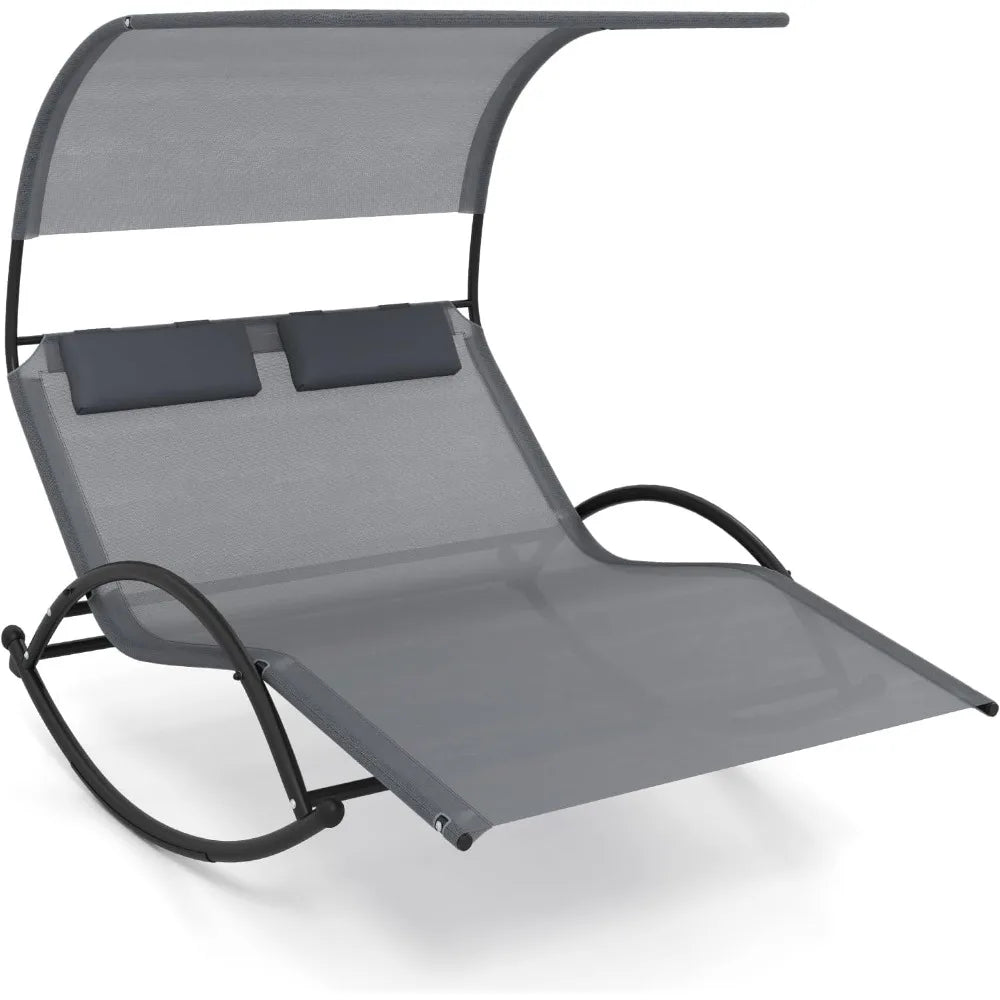 Tangkula 2 Person Lounge Chair with Adjustable Canopy, Outdoor Chaise Lounge with 2 Detachable Pillows, Sturdy Metal Frame