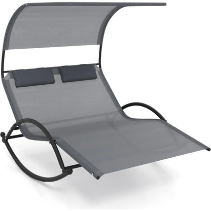 Tangkula 2 Person Lounge Chair with Adjustable Canopy, Outdoor Chaise Lounge with 2 Detachable Pillows, Sturdy Metal Frame