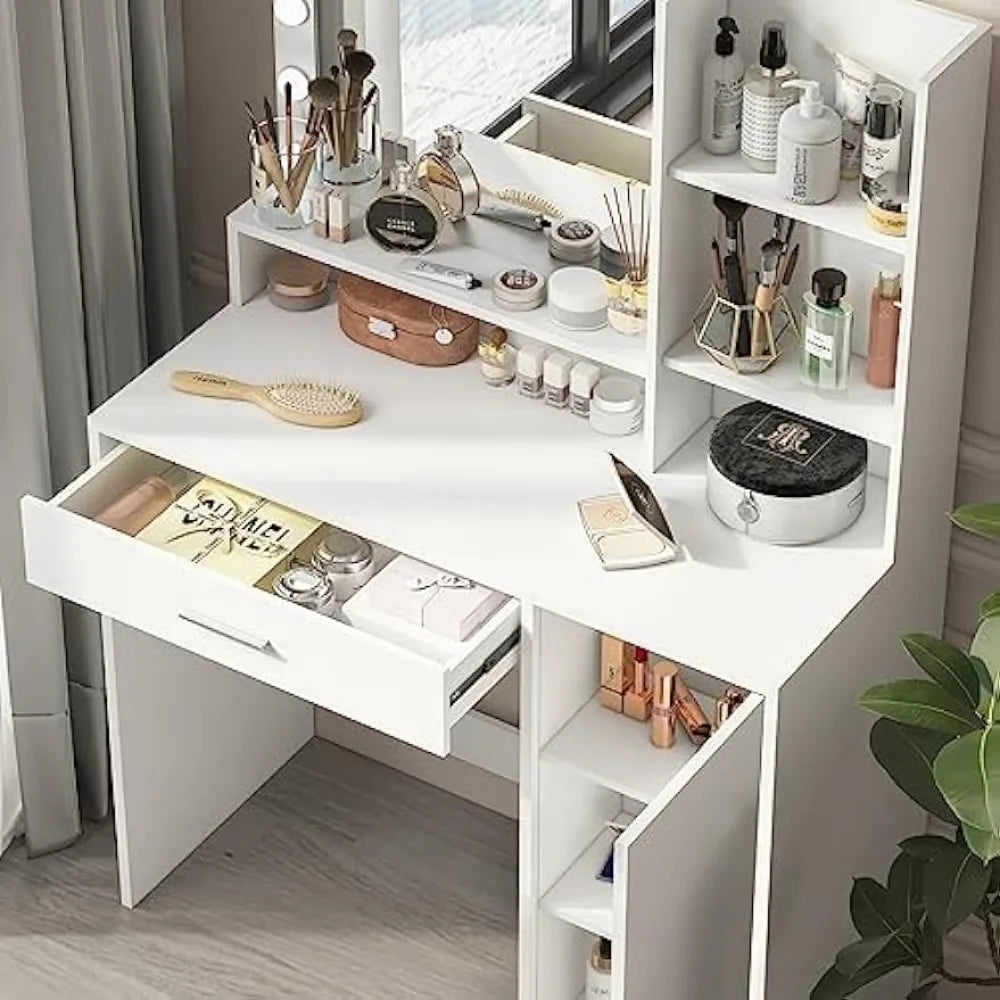 Vanity Desk with Mirror & Light, Large Drawer & Three Level Storage Dresser, 3 Lighting Modes Adjustable Brightness,