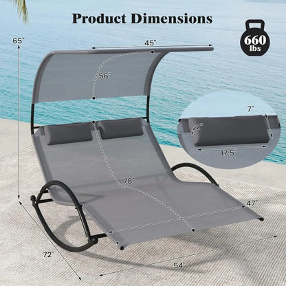 Tangkula 2 Person Lounge Chair with Adjustable Canopy, Outdoor Chaise Lounge with 2 Detachable Pillows, Sturdy Metal Frame