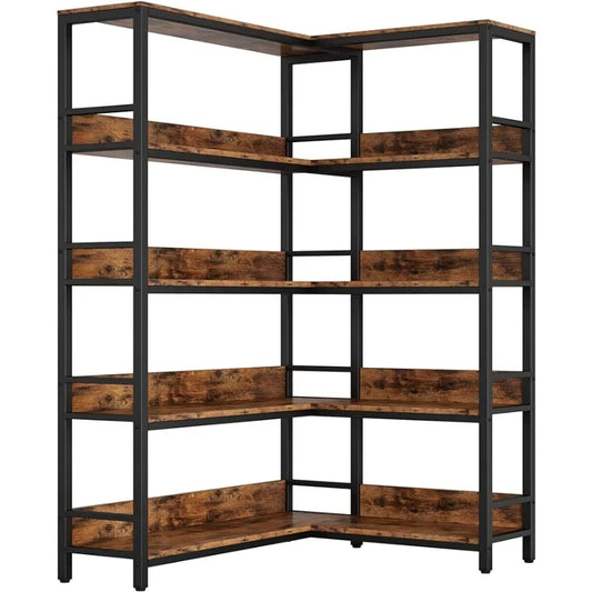 Industrial Bookshelves 5 Tiers Corner Bookcases with Baffles Etagere Shelf Storage Rack with Metal Frame for Living Room Home