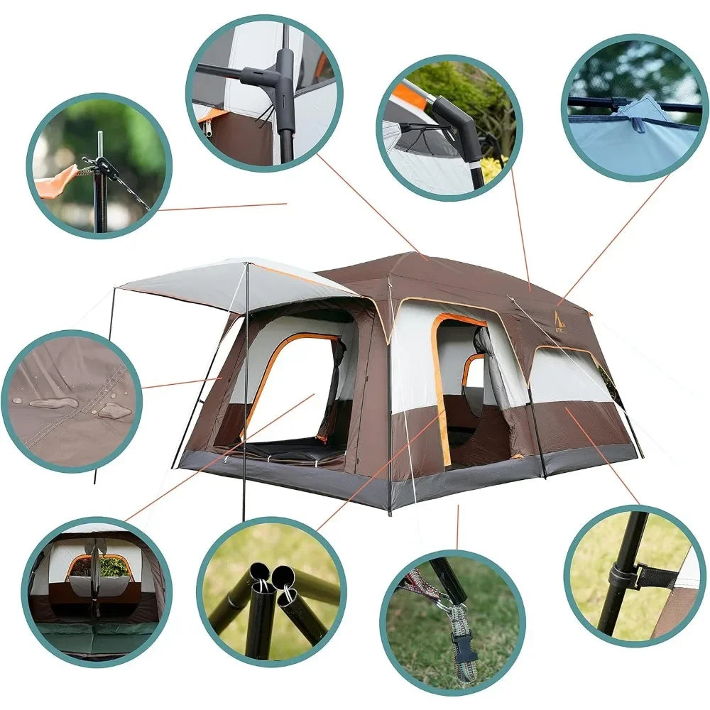 10-12 Person,Family Cabin Tents,2 Rooms,Straight Wall,3 Doors and 3 Windows with Mesh,Waterproof,Double,Big Tent  Freight free