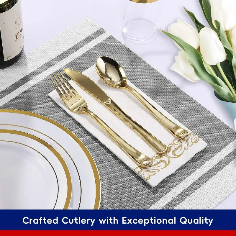 700 Count Gold Dinnerware Set-200 Plastic Plates- 300 Gold Plastic Silverware-100 Gold Plastic Cups-100 Disposable Hand Towel