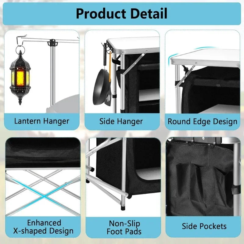 Seetek Camping Kitchen Table Aluminum Portable Outdoor Cooking Table Foldable Camp Table with Windscreen and 3 Storage Cupboards