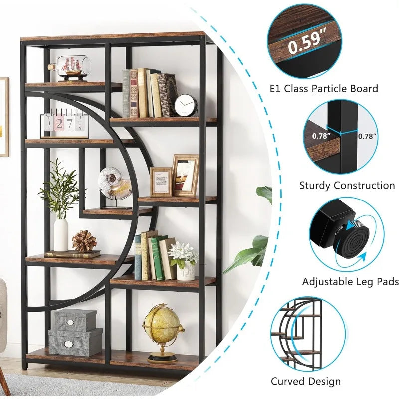 Bookshelf Industrial 5 Tier Bookcase, Freestanding Tall Bookshelves Display Shelf Storage Organizer with 9-Open Storage Shelf