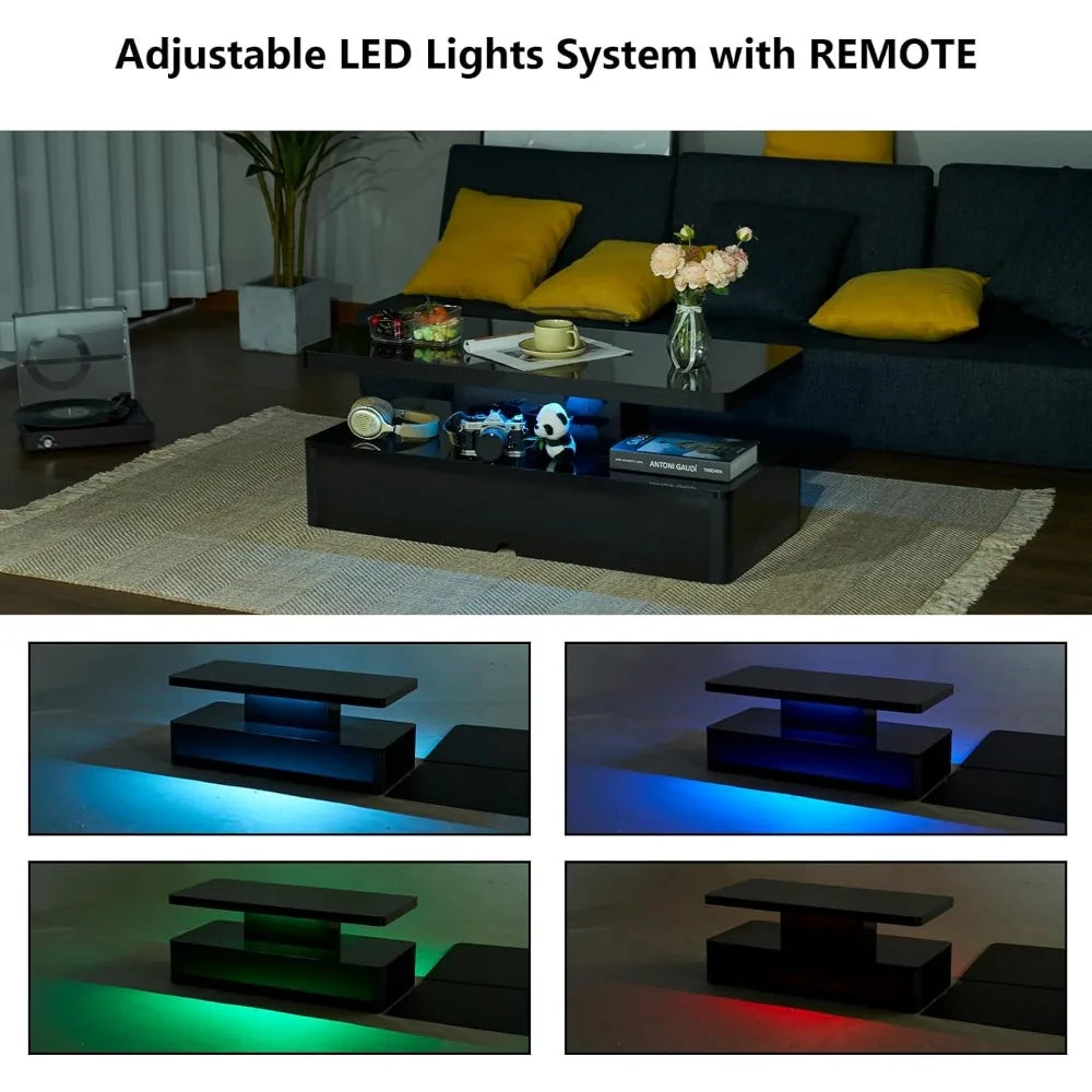 oneinmil Modern Stylish Coffee Table with 16 Colors LED Lights, Double-Layer Design for Living Room, Black