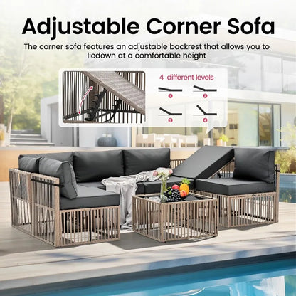 7 Pieces Outdoor Sectional Set, All-Weather PE Rattan Patio Conversation Set, Wicker Adjustable Patio Furniture Set