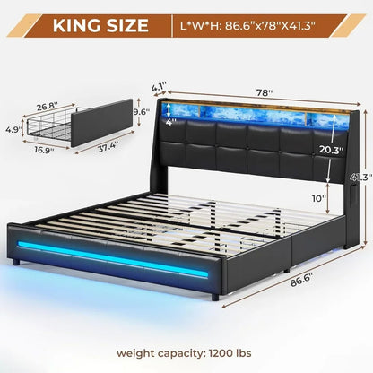 Built with precision Built to last. Enjoy our spacious luxury King Size Bed Frame w 4 Storage Drawers,Charging Station and LED Lights,Upholstered Bed Frame w Button Tufted Wingback Headboard