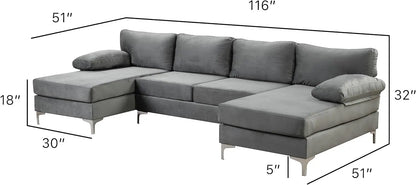 Modern Large Velvet Fabric U-Shape Sectional Sofa, Double Extra Wide Chaise Lounge Couch