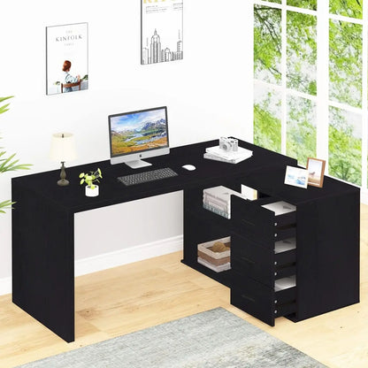 Black L Shaped Computer Desk with Drawers, L Shaped Home Office Desk with Storage Cabinet Shelves