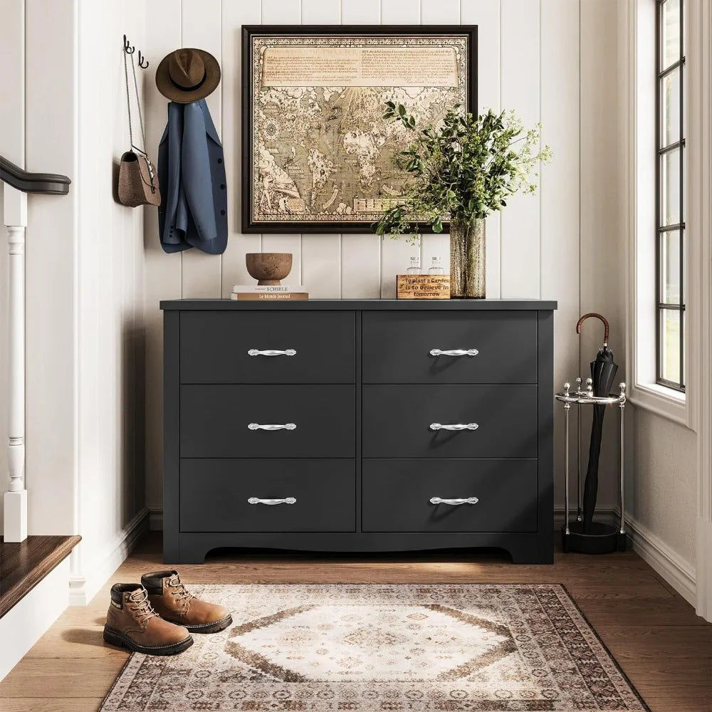 6 Drawer Dresser Black Dresser for Bedroom, Modern Double Dresser Organizer Black Wood Chest of Drawers for Living Room