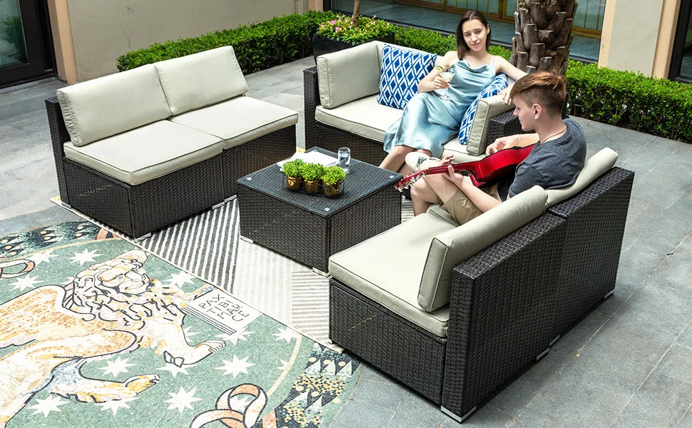 7 Pieces Patio Furniture Set, Outdoor Sectional Sofa PE Rattan Wicker Conversation Set Outside Couch  Backyard, Black