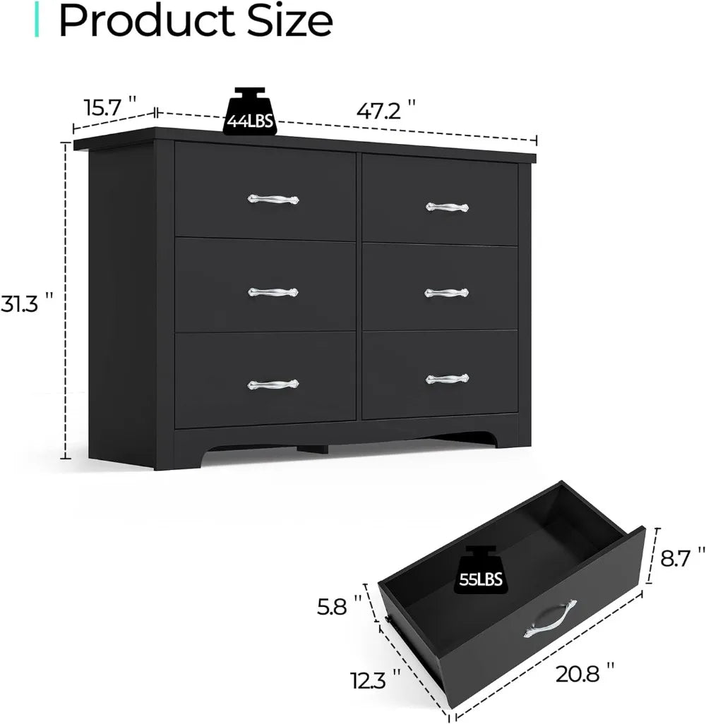 6 Drawer Dresser Black Dresser for Bedroom, Modern Double Dresser Organizer Black Wood Chest of Drawers for Living Room