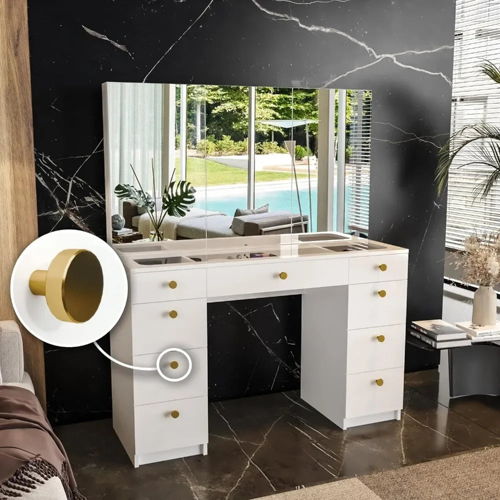 Lily White Makeup Vanity Desk with Mirror Cabinets, Glass Top, 9 Drawers, and Golden Knobs - Modern Vanity Makeup Desk