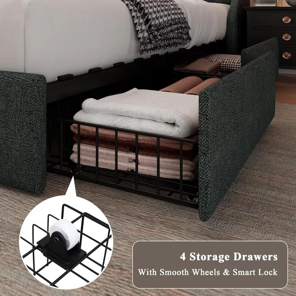 Feonase King Size Upholstered Bed Frame with 4 Storage Drawers Wingback Headboard and Storage Shelf Easy Assembly Dark Grey