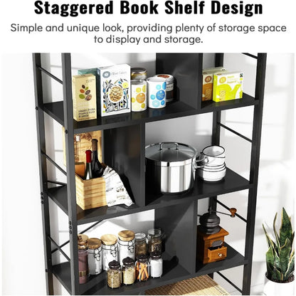 Bookshelf, 5 Tier Tall Industrial Bookcase Wood Metal Frame Standing Bookshelf,Display Bookshelves Storage Organizer for Bedroom