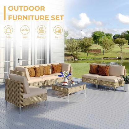 7-Piece Wicker Patio Furniture Set, All-Weather Boho Outdoor Sofa with Water Resistant Beige Thick Cushions and Coffee Table