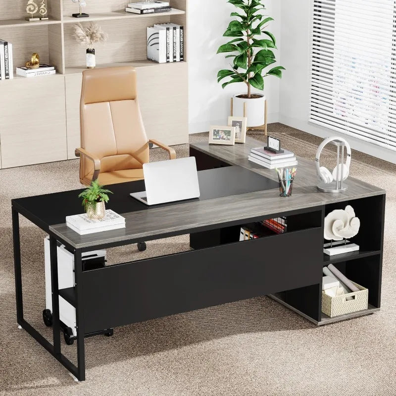 Executive Desk, L Shaped Desk with Cabinet Storage, Executive Office Desk with Shelves（Grey/Brown）optional