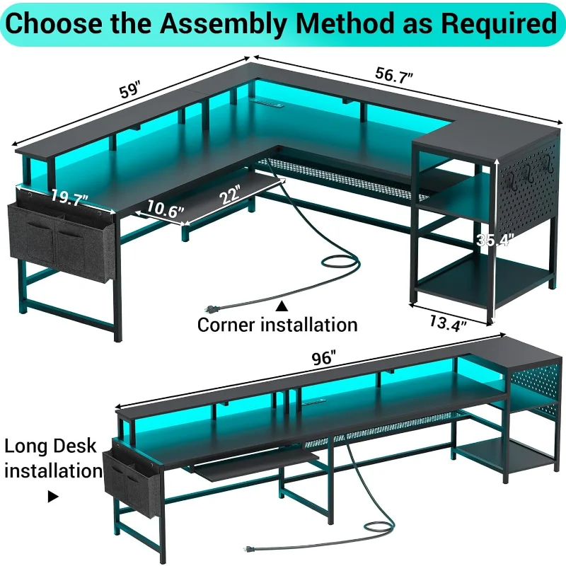 SEDETA L Shaped Gaming Desk, Reversible Computer Desk, Gaming Desk with Power Outlets & LED Strip, Monitor  Home Office, Black