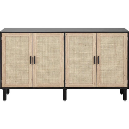 4 Door Sideboard Buffet Cabinet Kitchen Storage Cabinet with Rattan Decorated Console Table Boho Accent Liquor Cabinet