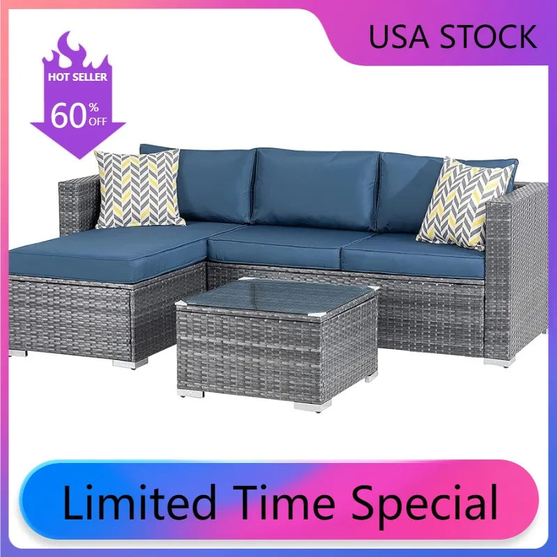 Shintenchi Patio Furniture Sets 3 Pieces Outdoor Sectional Sofa Silver All-Weather Rattan Wicker Sofa Patio Conversation Couch