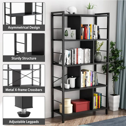 Bookshelf, 5 Tier Tall Industrial Bookcase Wood Metal Frame Standing Bookshelf,Display Bookshelves Storage Organizer for Bedroom