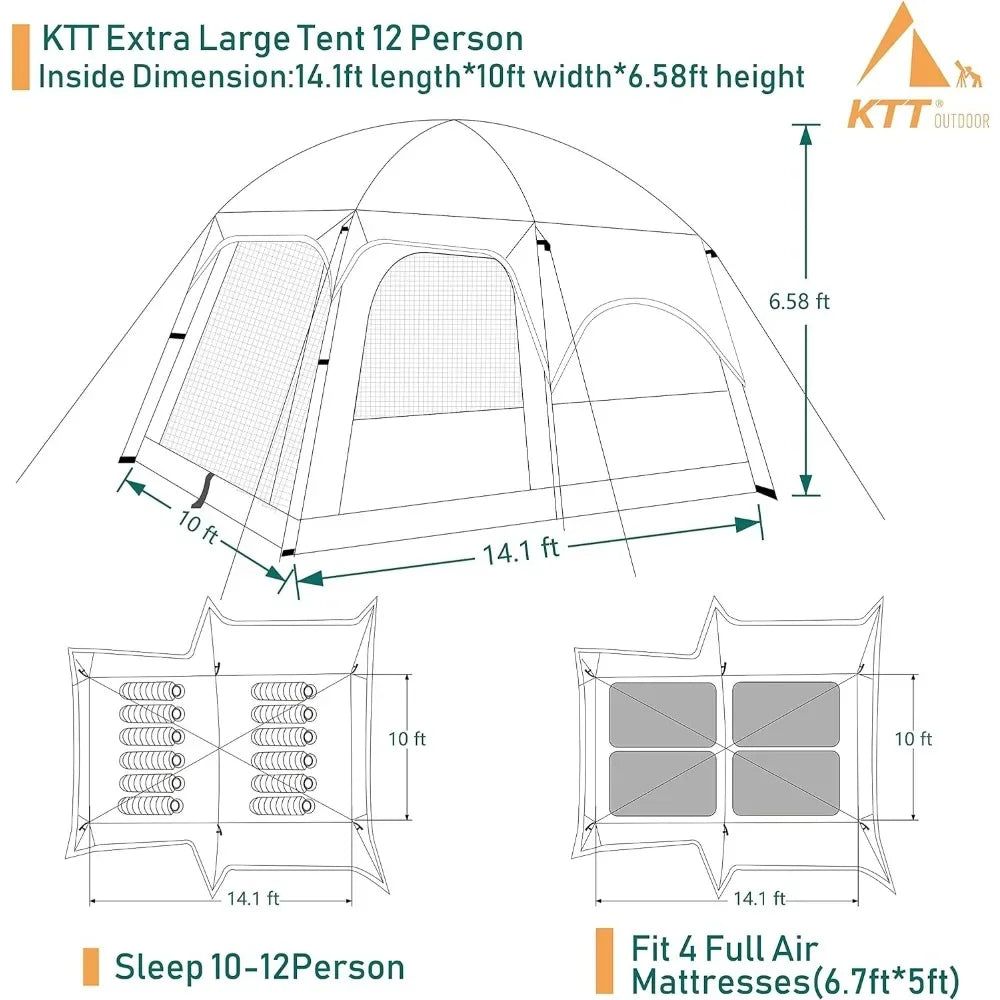 10-12 Person,Family Cabin Tents,2 Rooms,Straight Wall,3 Doors and 3 Windows with Mesh,Waterproof,Double,Big Tent  Freight free