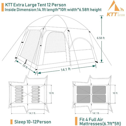 10-12 Person,Family Cabin Tents,2 Rooms,Straight Wall,3 Doors and 3 Windows with Mesh,Waterproof,Double,Big Tent  Freight free