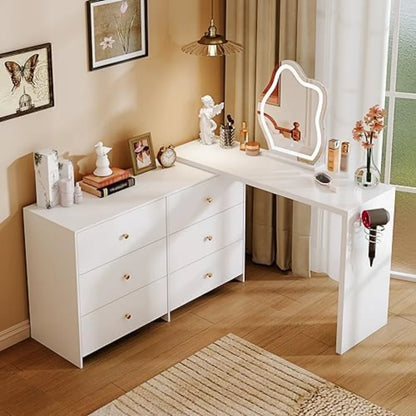 sbdmirau Modern Corner Makeup Vanity Table,with LED Mirror and 6 Spacious Drawers,