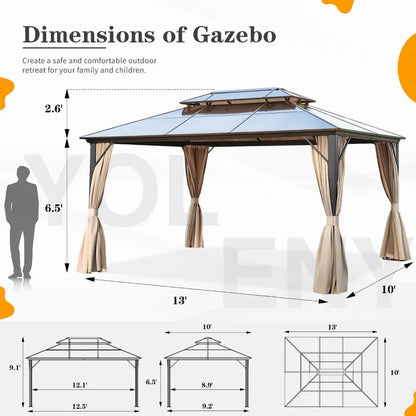 10'x13' Hardtop Gazebo, Outdoor Polycarbonate Double Roof Canopy, Aluminum Frame Permanent Pavilion with Curtains