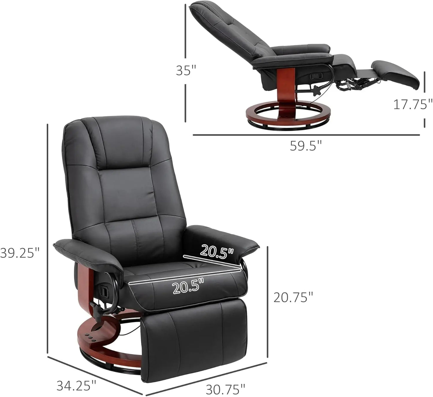 HOMCOM Faux Leather Manual Recliner, Adjustable Swivel Lounge Chair with Footrest, Armrest and Wrapped Wood Base for Living Ro