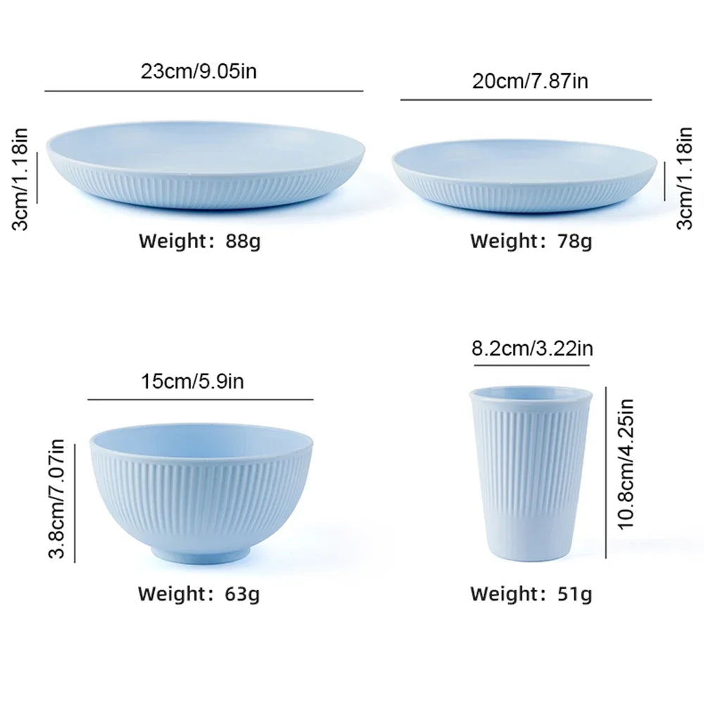 16Pcs Black ECO-FRIENDLY Bowl Cup Plate Household Eating Vertical Pattern Dinner Plate Dining Bowl Water Cup Tableware Set