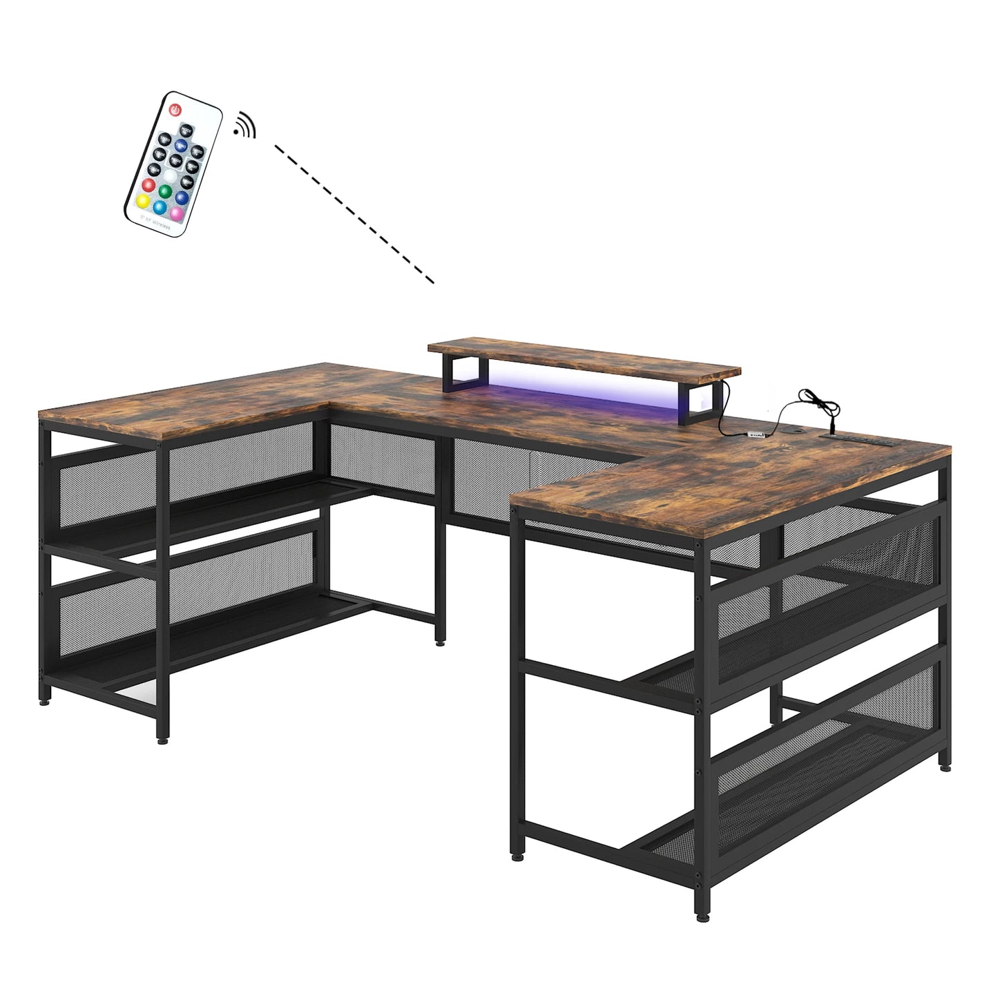 U-shaped Computer Desk with Shelves and LED Lights, Ample Storage Space